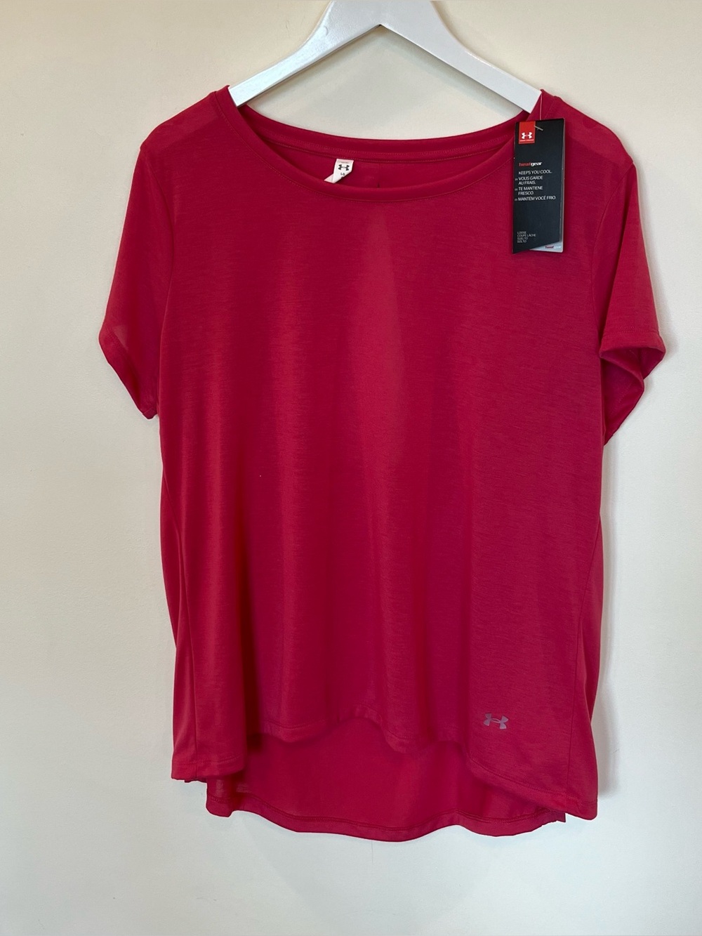 NWT Under Armour Womens T Shirt Large Pink Open Back Loose Fit Activewear